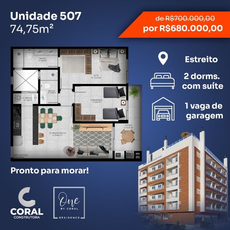 Apartamento em Estreito, Florianópolis/SC de 74m² 2 quartos à venda por R$ 679.000,00