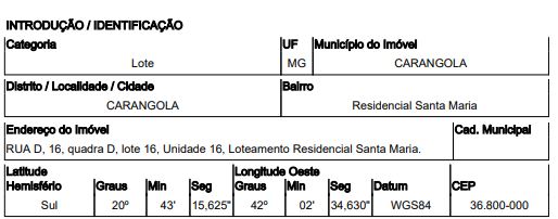 Terreno em Resid. Santa Maria, Carangola/MG de 218m² 1 quartos à venda por R$ 30.479,00