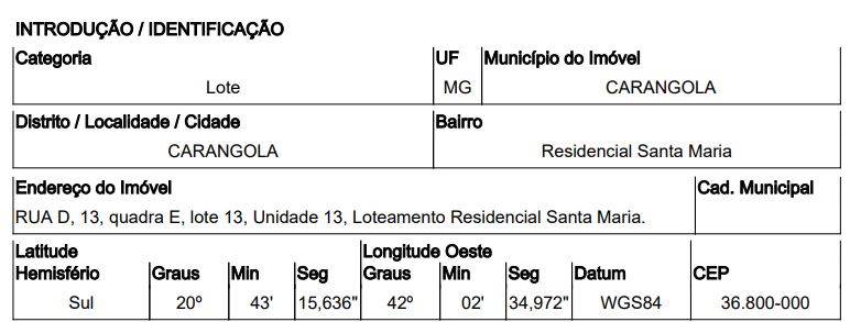 Terreno em Resid. Santa Maria, Carangola/MG de 280m² 1 quartos à venda por R$ 33.390,00